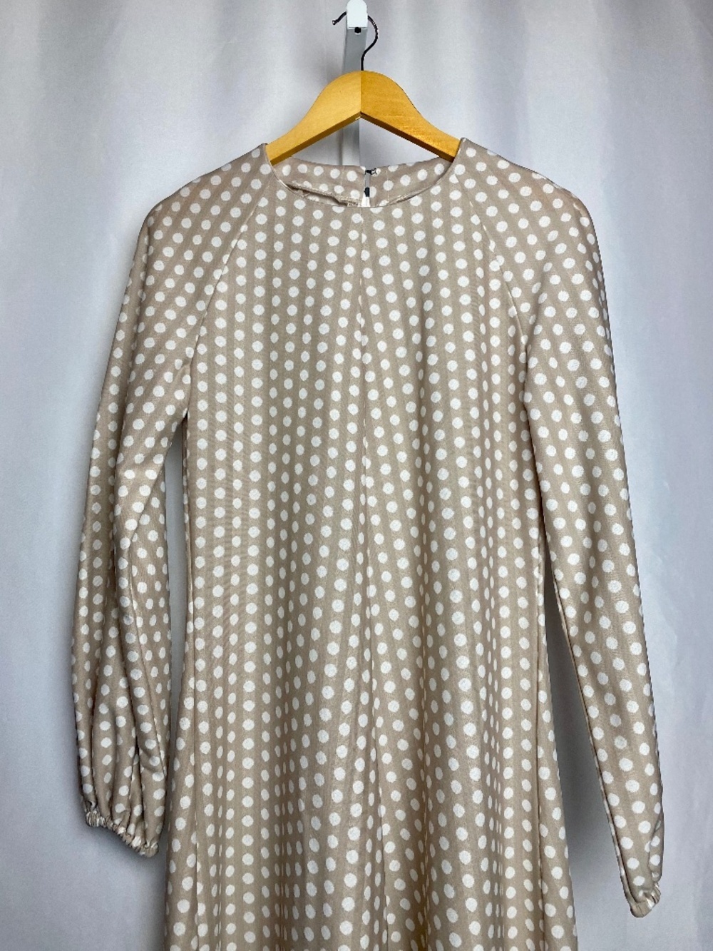 Vintage Womenʻs Hand Sewn Long Sleeved Neutral Polka Dot Muʻumuʻu Maxi Dress - Picture 2 of 11